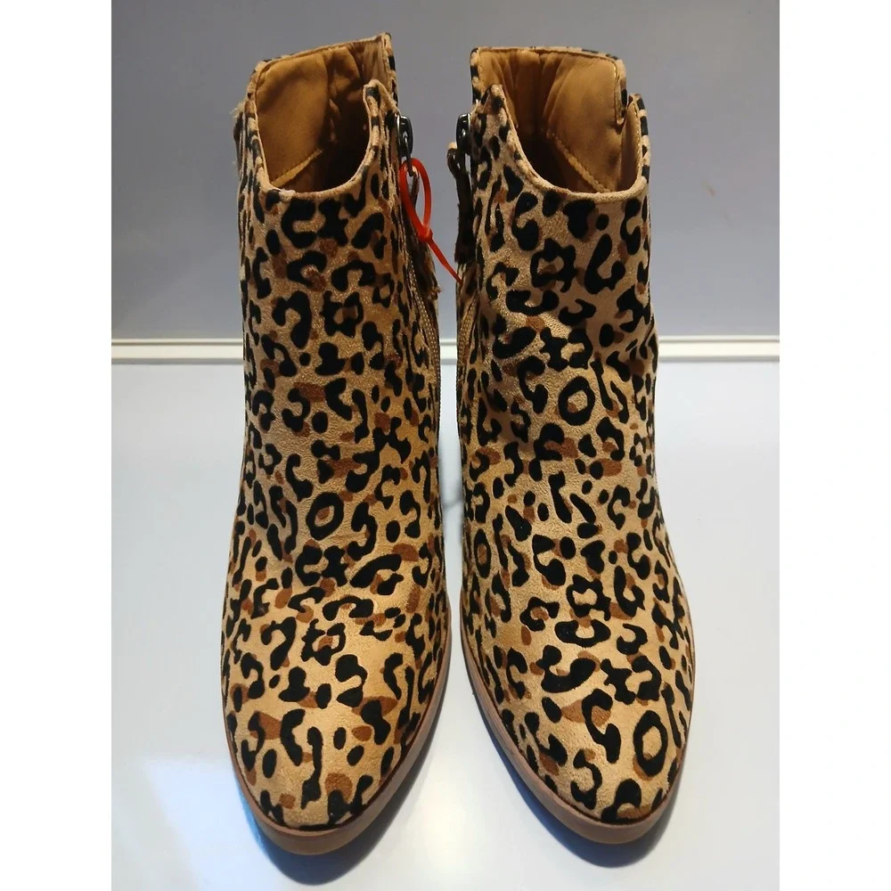 Womens Leopard Print Ankle Boots Chunky Heel Side Zip Fashion Booties‎